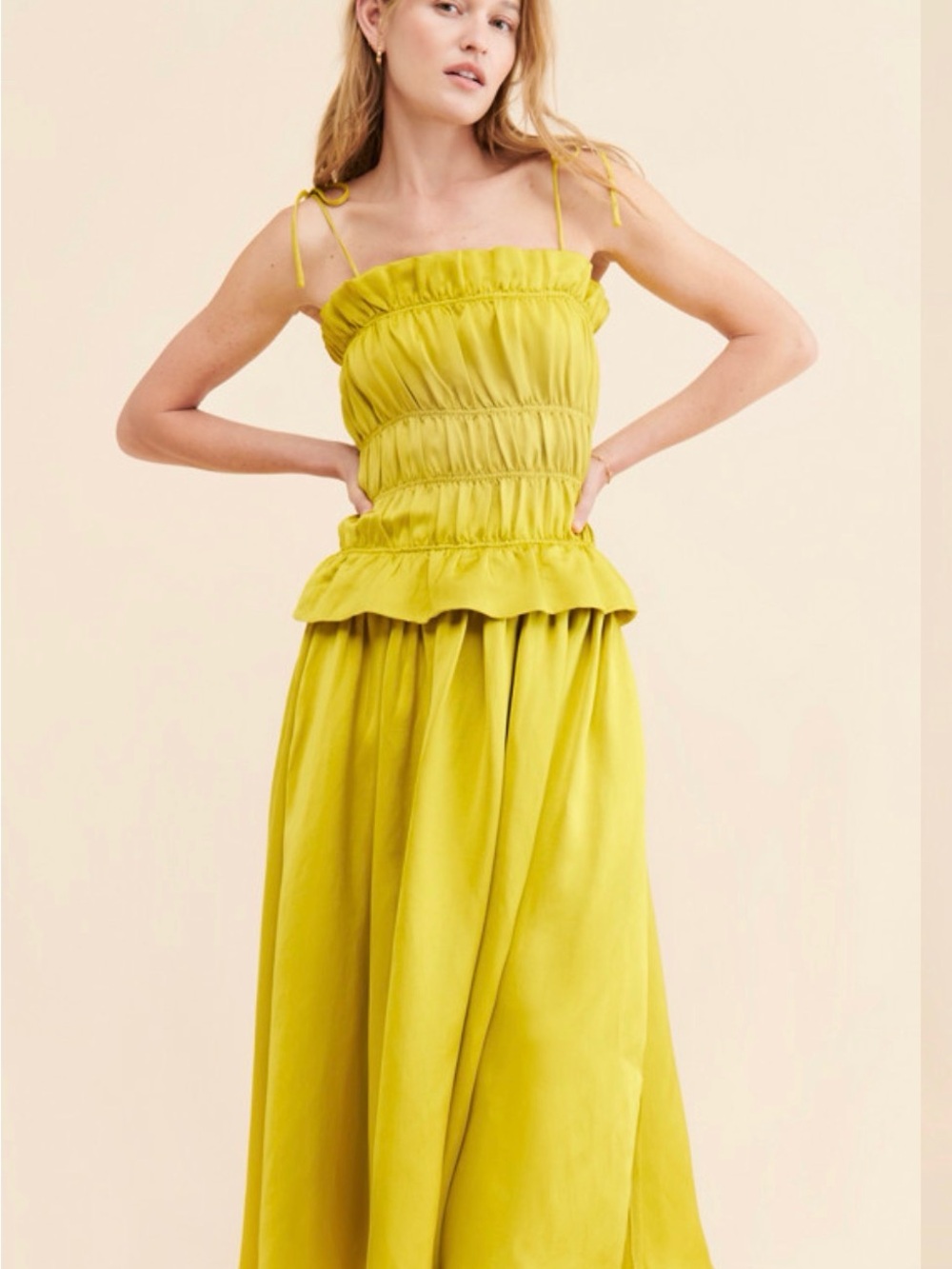 Women’s Midi Dress in Chartreuse with Smocked Bodice